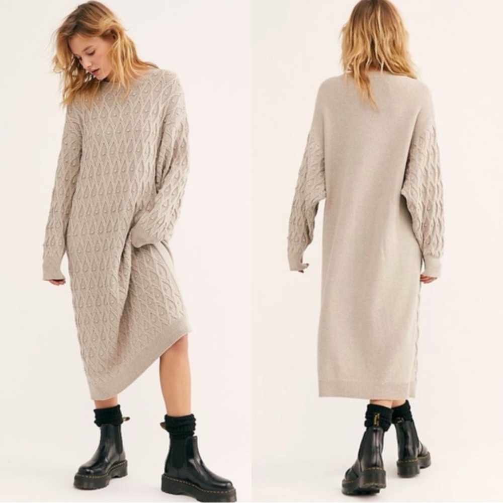 FREE PEOPLE Nicole Long Sleeve Sweater Cotton Beige Midi Dress